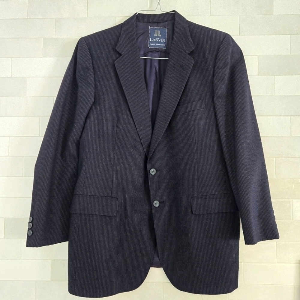 Lanvin Vintage Wool Blazer Sport Coat Suit Jacket Navy Pinstripe Two-Button 46